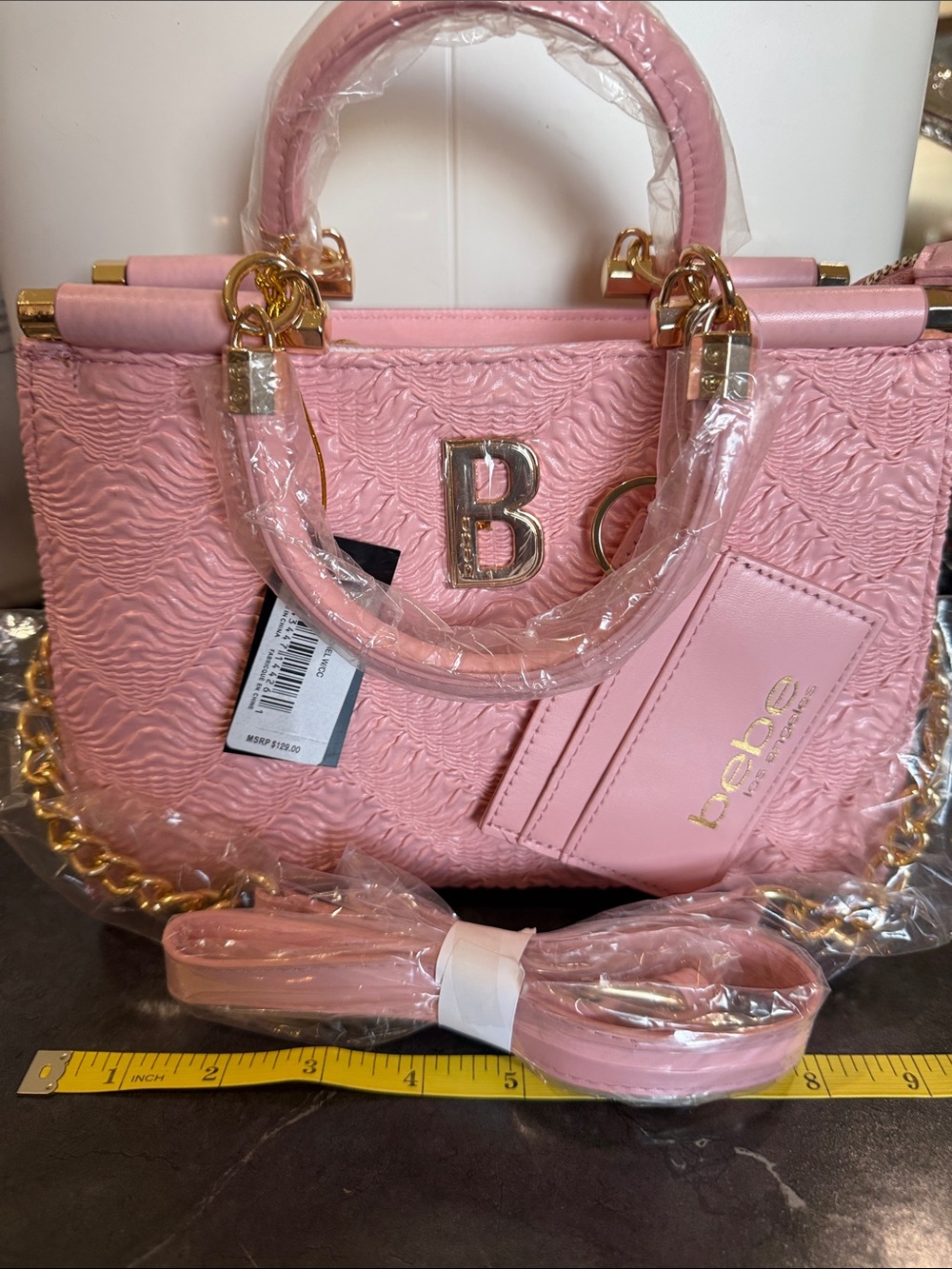 bebe Pink Textured Satchel with Gold Chain Accents